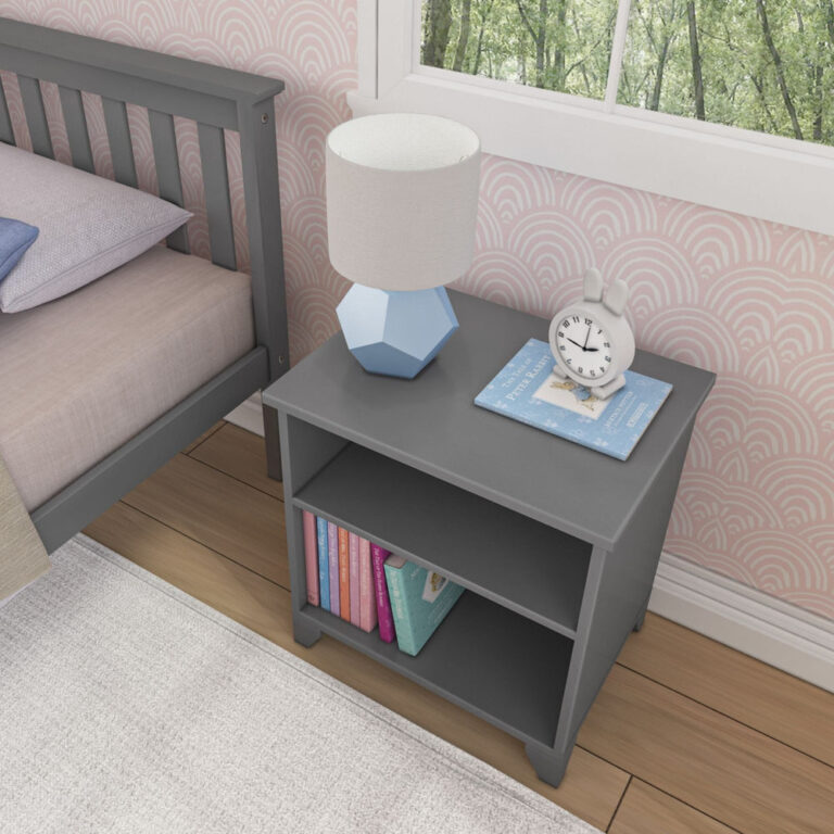 Max And Lily Classic Night Stand With Shelves Grey Room Scene 5 Max and Lily Classic Night Stand With Shelves in grey - overhead angle beside a bed with a lamp, clock, and books arranged on the shelves.