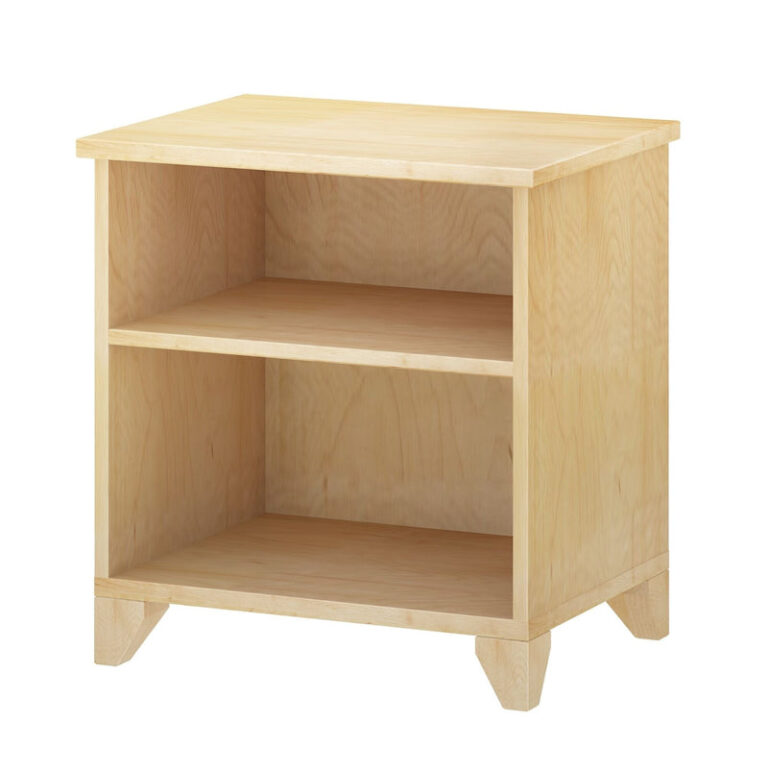 Max And Lily Classic Night Stand With Shelves Natural Angle View Max and Lily Classic Night Stand With Shelves in Natural - angled view on a white background showing the two open shelves and tapered legs