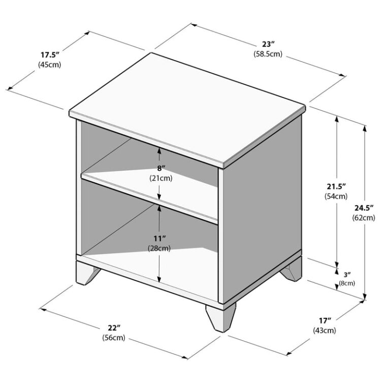 Max And Lily Classic Night Stand With Shelves Natural Dimensions Diagram Max and Lily Classic Night Stand With Shelves in Natural - dimensions diagram showing width, depth, overall height, and interior shelf clearances