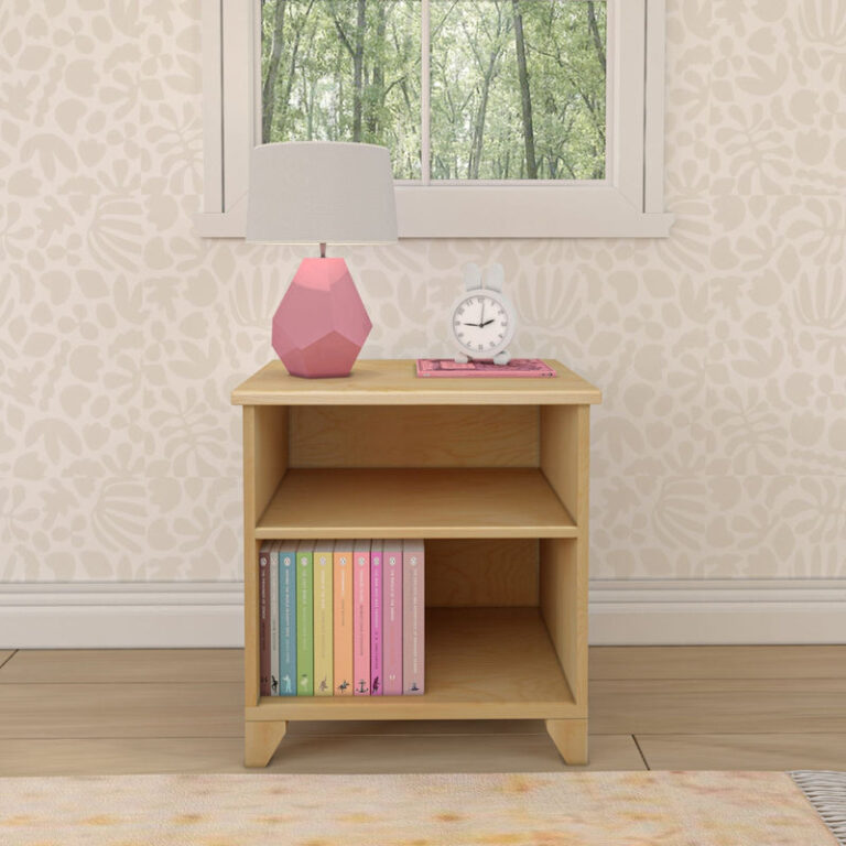 Max And Lily Classic Night Stand With Shelves Natural Front View Max and Lily Classic Night Stand With Shelves in Natural - front view in a bedroom with a lamp and books stored on the lower shelf beneath a window