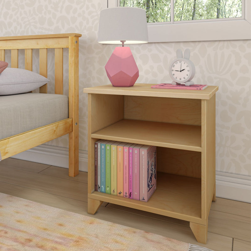 Max and Lily Classic Night Stand With Shelves in Natural - styled beside a bed with a lamp, clock, and a row of books on the open lower shelf