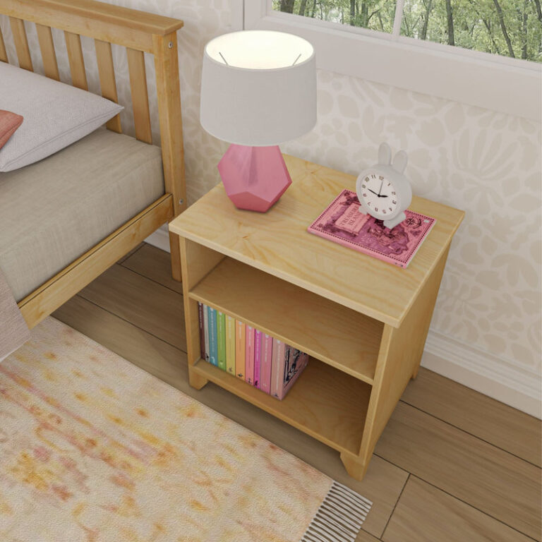 Max And Lily Classic Night Stand With Shelves Natural Room Scene 5 Max and Lily Classic Night Stand With Shelves in Natural - beside a bed with a lamp, clock, and books on the lower shelf in a child's room