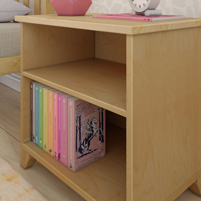 Max And Lily Classic Night Stand With Shelves Natural Shelf Detail Max and Lily Classic Night Stand With Shelves in Natural - close-up of the open lower shelf holding a row of books