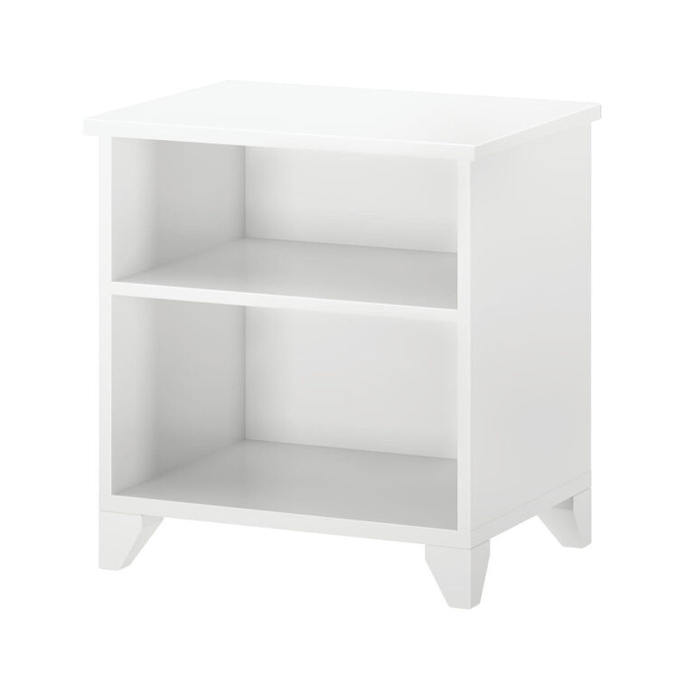 Max And Lily Classic Night Stand With Shelves White Angle View Max and Lily Classic Night Stand With Shelves in White - angled product view on a plain white background showing the two open shelves and tapered legs.