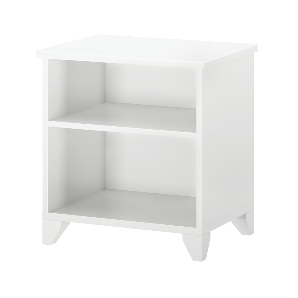 Max and Lily Classic Night Stand With Shelves in White - angled product view on a plain white background showing the two open shelves and tapered legs.