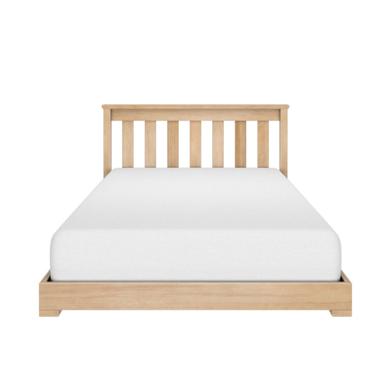 Max and Lily Classic Twin Floor Bed in Blonde - front view showing the slatted headboard and low platform frame with a white mattress