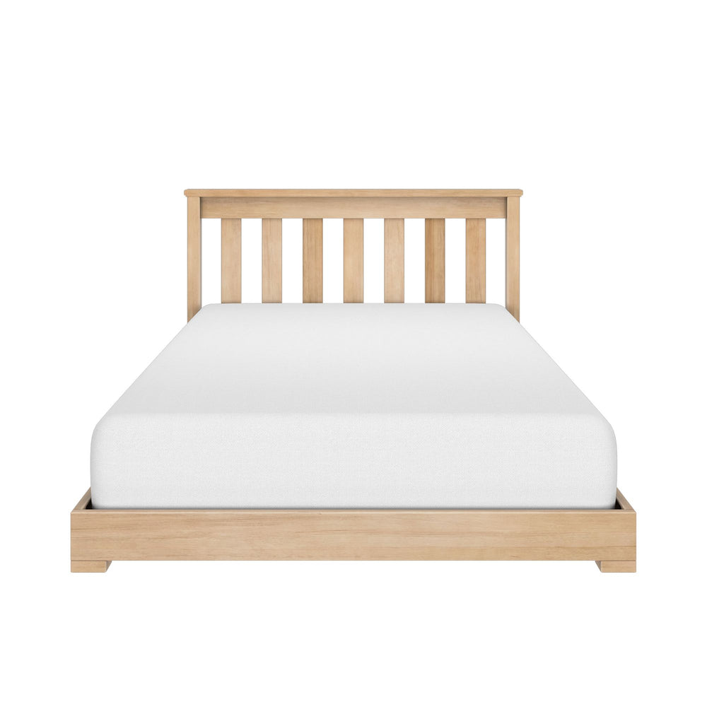 Max and Lily Classic Twin Floor Bed in Blonde - front view showing the slatted headboard and low platform frame with a white mattress