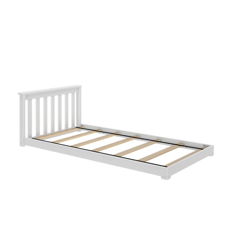 Max and Lily Classic Twin Floor Bed in White - angled view of the bare frame showing the slatted headboard and wooden support slats