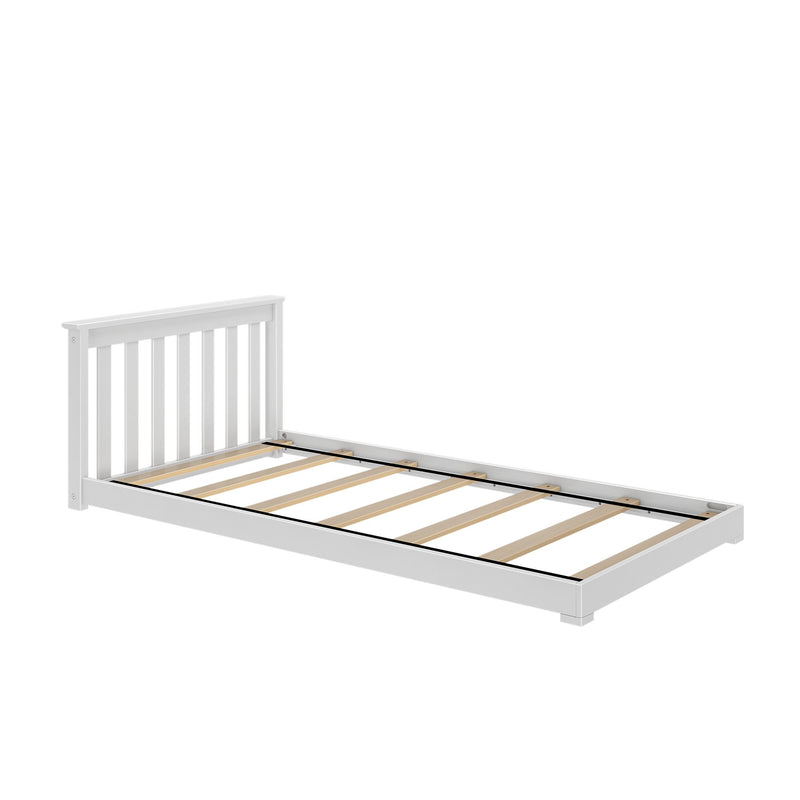 Max and Lily Classic Twin Floor Bed in White - angled view of the bare frame showing the slatted headboard and wooden support slats