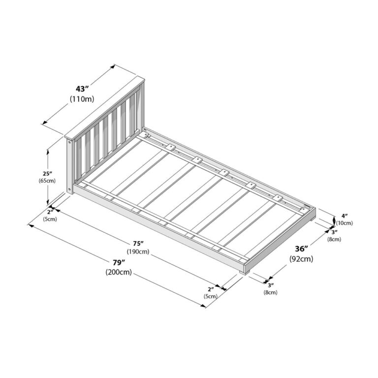 Max and Lily Classic Twin Floor Bed in White - dimensions diagram showing measurements including length, width, and headboard height in inches and centimetres
