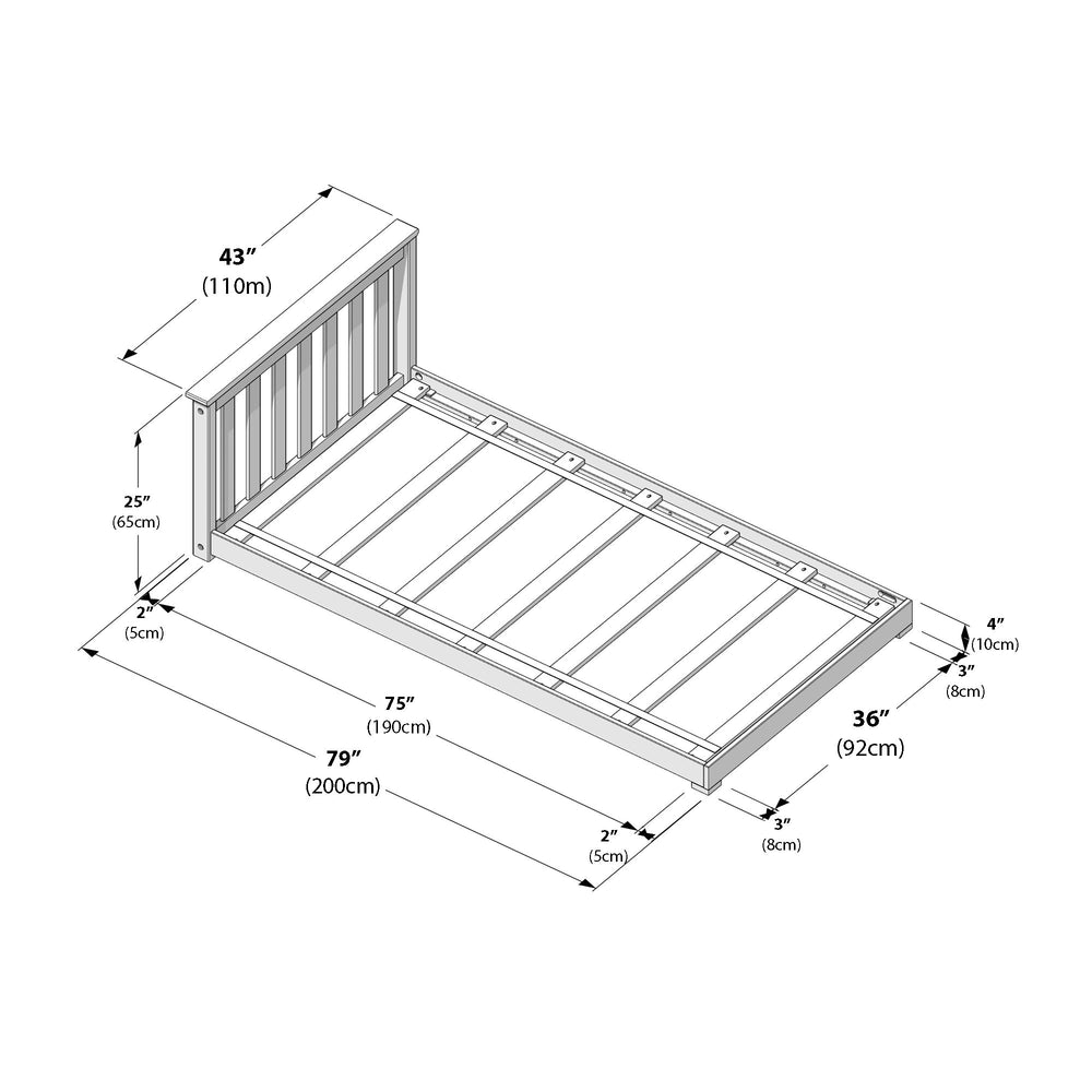 Max and Lily Classic Twin Floor Bed in White - dimensions diagram showing measurements including length, width, and headboard height in inches and centimetres