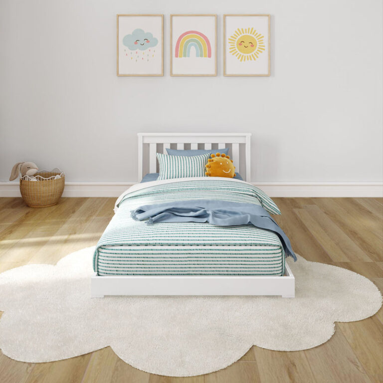 Max and Lily Classic Twin Floor Bed in White - front view in a child's room with striped bedding and cloud, rainbow and sun wall art