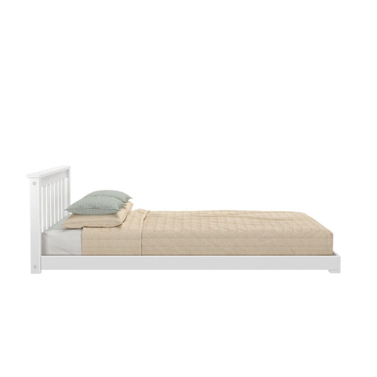 Max and Lily Classic Twin Floor Bed in White - side profile view showing the low floor-level frame and slatted headboard