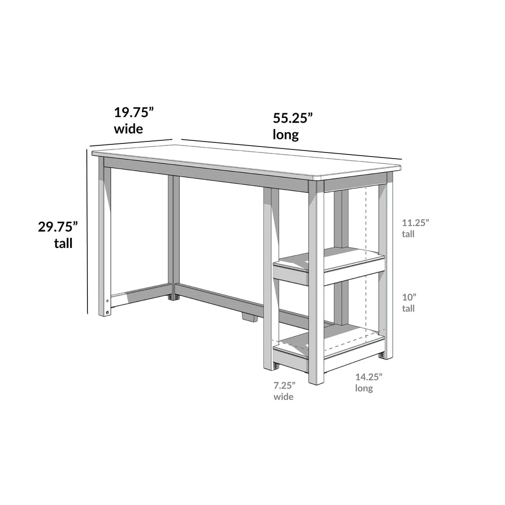 Max and Lily Desk With Shelves in Blue - dimensions diagram showing 55.25 inches long, 19.75 inches wide and 29.75 inches tall with shelf measurements