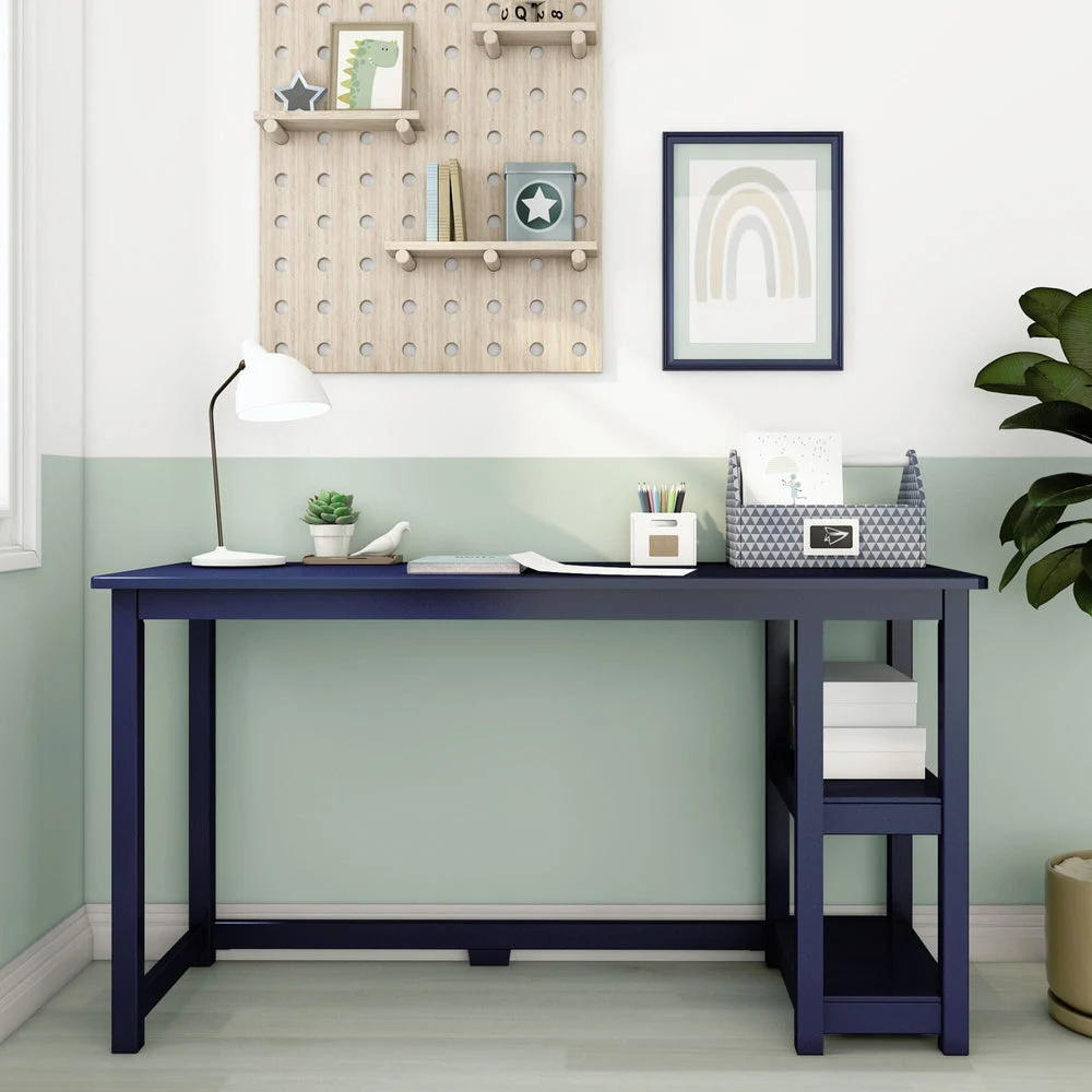 Max and Lily Desk With Shelves in Blue - front view with side storage shelves in a green kids room with pegboard decor