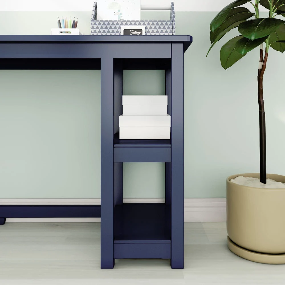Max and Lily Desk With Shelves in Blue - close-up of the two open side storage shelves holding boxes