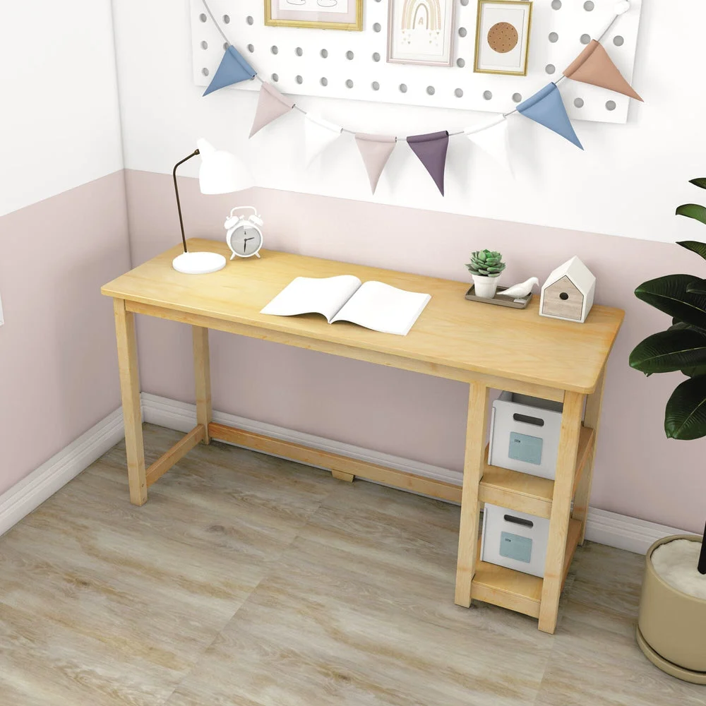 Max and Lily Desk With Shelves in natural - styled in a kids' room with a pegboard, bunting, desk lamp, and side shelves holding storage bins.