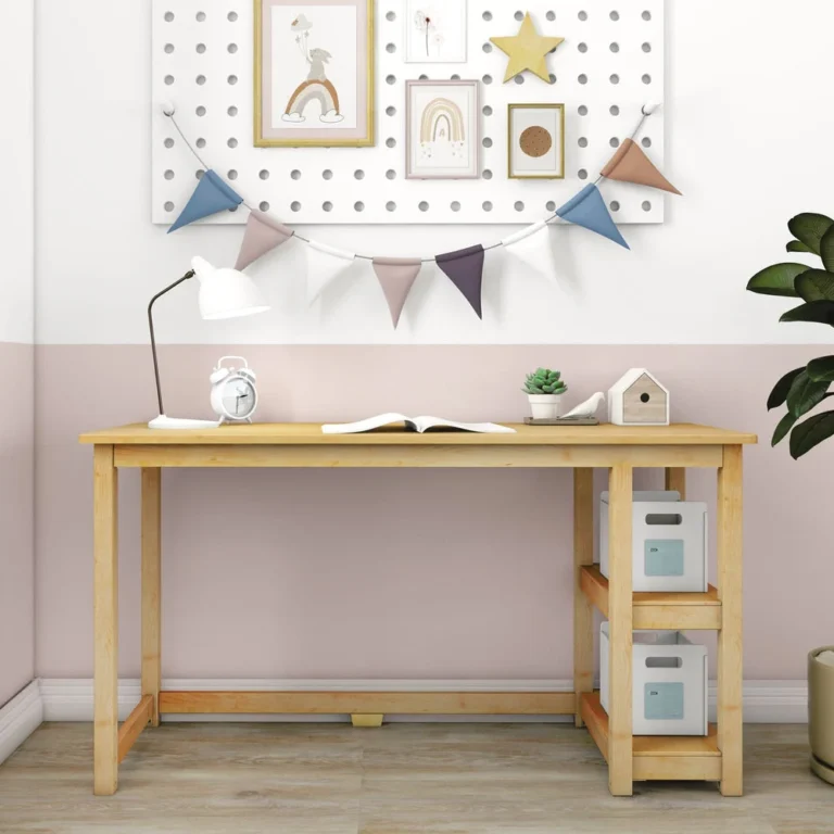 Max and Lily Desk With Shelves in natural - front view in a decorated room showing the two-tier side storage shelves with white bins.