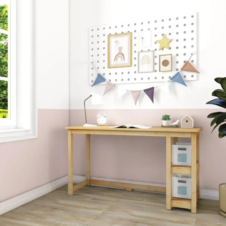 Max and Lily Desk With Shelves in natural - angled room scene beside a window with a pegboard, lamp, and side storage shelves.
