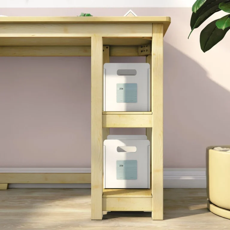 Max and Lily Desk With Shelves in natural - close-up of the two-tier side storage shelves holding white fabric bins.