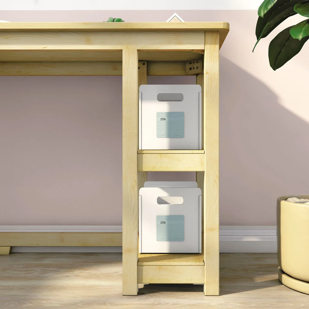 Max and Lily Desk With Shelves in natural - close-up of the two-tier side storage shelves holding white fabric bins.