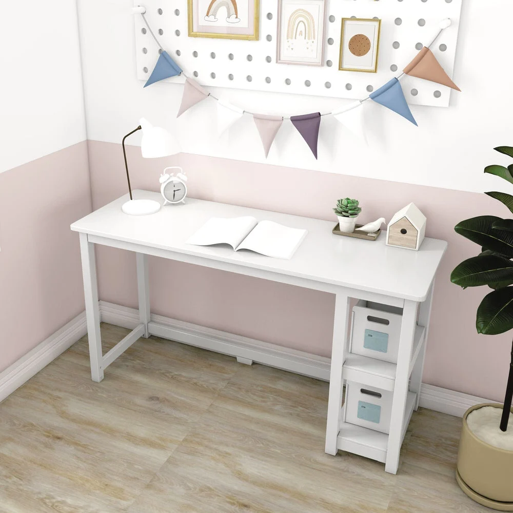 Max and Lily Desk With Shelves in White - styled in a kids' room with a lamp, alarm clock and labelled storage bins on the side shelves
