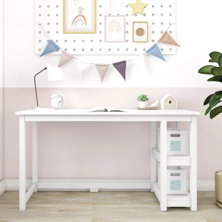 Max and Lily Desk With Shelves in White - angled room view showing the open shelving tower holding labelled storage bins