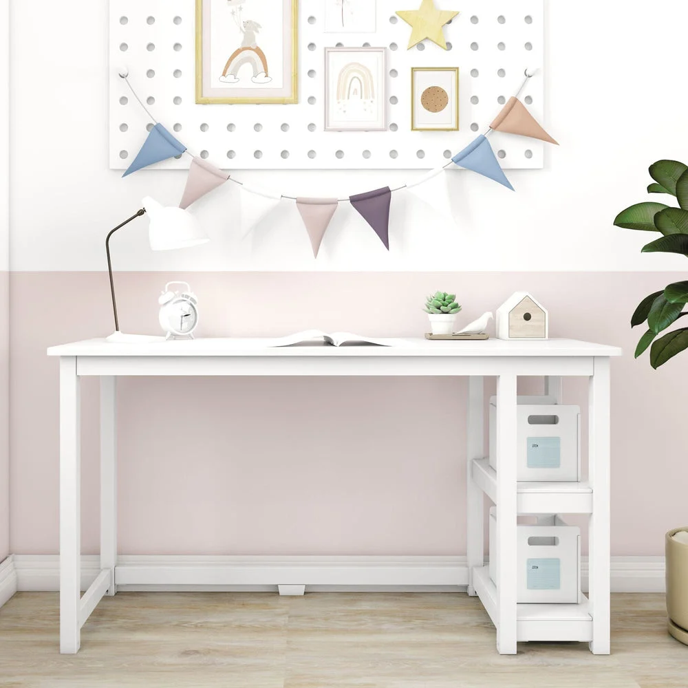 Max and Lily Desk With Shelves in White - angled room view showing the open shelving tower holding labelled storage bins
