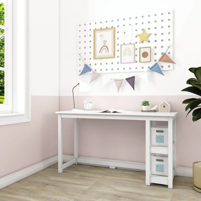 Max and Lily Desk With Shelves in White - full room setting beside a window with a decorative pegboard above the desk