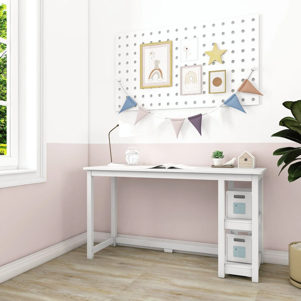 Max and Lily Desk With Shelves in White - full room setting beside a window with a decorative pegboard above the desk
