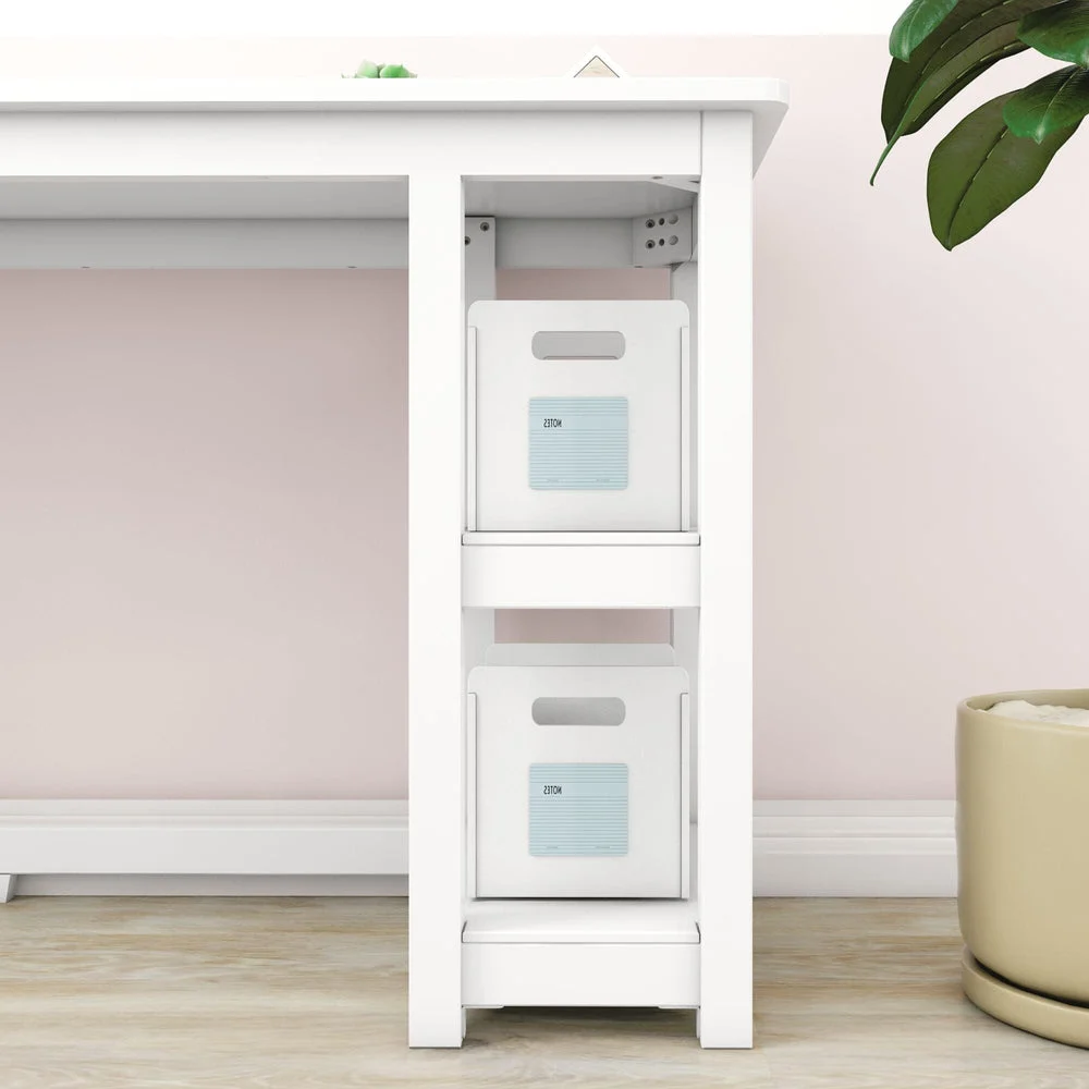 Max and Lily Desk With Shelves in White - close-up of the side storage shelves holding two labelled bins