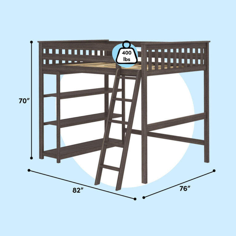 Max And Lily Full High Loft Bed With Bookcase Clay Dimensions Diagram Max and Lily Full High Loft Bed With Bookcase in Clay - dimensions diagram showing 70 inch height, 82 by 76 inch footprint and 400 lb weight capacity
