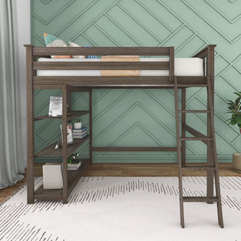 Max And Lily Full High Loft Bed With Bookcase Clay Front View Max and Lily Full High Loft Bed With Bookcase in Clay - front view in a styled bedroom with bookcase shelves below the sleeping area and angled ladder at the side