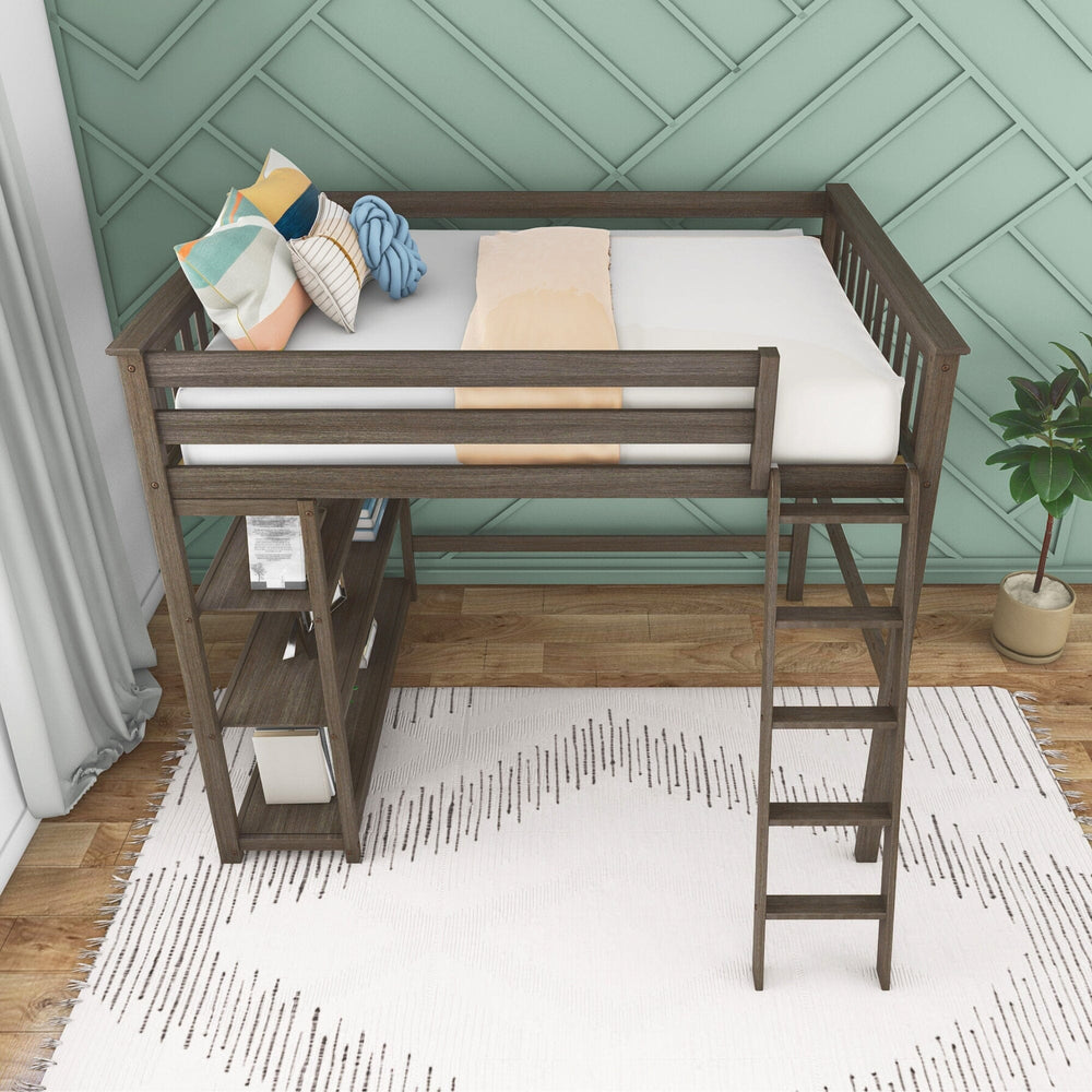 Max And Lily Full High Loft Bed With Bookcase Clay High Angle View Max and Lily Full High Loft Bed With Bookcase in Clay - high angle view of the full-size sleeping area with guardrails, bookcase shelves underneath and angled ladder