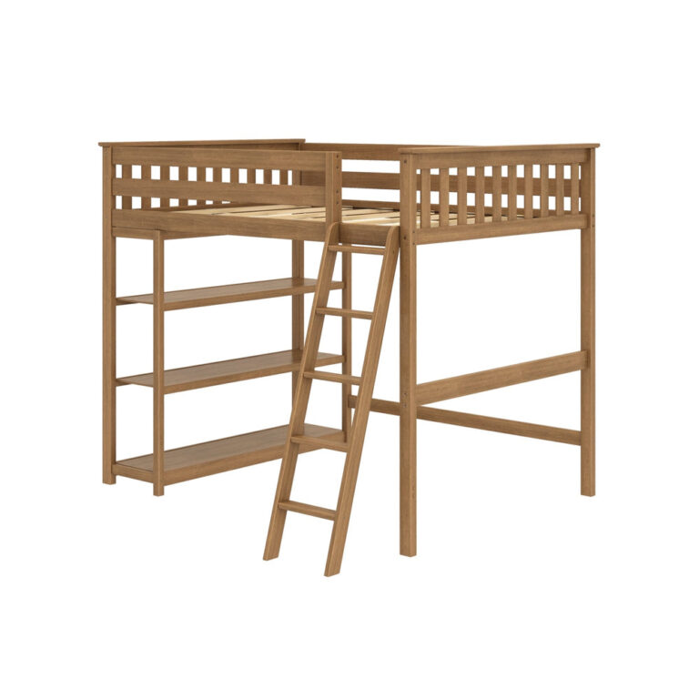 Max And Lily Full High Loft Bed With Bookcase Pecan Angle View Max and Lily Full High Loft Bed With Bookcase in Pecan - angled studio view of the bare frame showing the slat roll support, slatted guardrails, angled ladder, and under-bed bookcase shelves