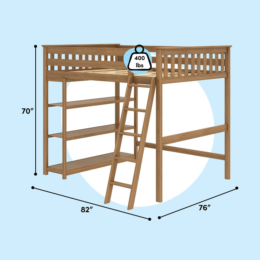Max And Lily Full High Loft Bed With Bookcase Pecan Dimensions Diagram Max and Lily Full High Loft Bed With Bookcase in Pecan - dimensions diagram showing 82 inches long, 76 inches wide, 70 inches tall, with a 400 lb weight capacity