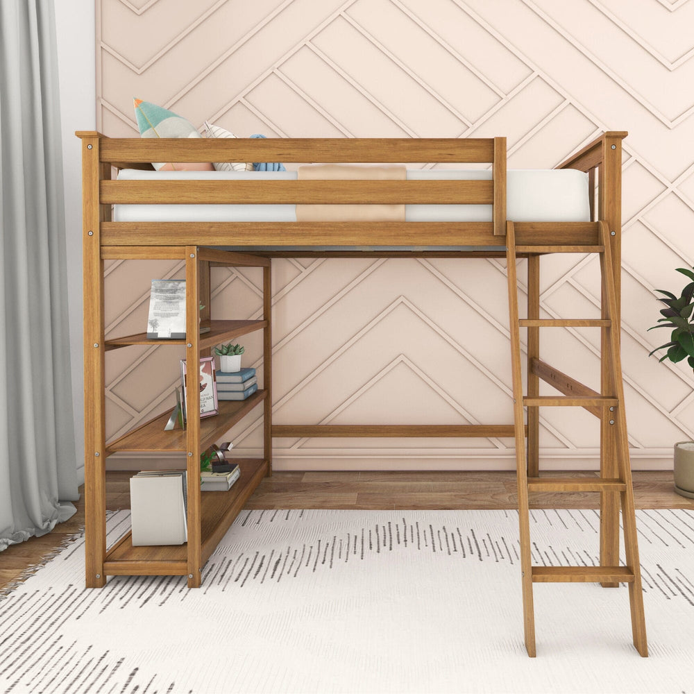 Max And Lily Full High Loft Bed With Bookcase Pecan Front View Max and Lily Full High Loft Bed With Bookcase in Pecan - front view in a bedroom showing the full-length guardrail, side-mounted angled ladder, and open bookcase shelves beneath the elevated bed