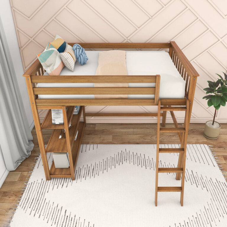 Max And Lily Full High Loft Bed With Bookcase Pecan Overhead View Max and Lily Full High Loft Bed With Bookcase in Pecan - overhead angle showing the full-size mattress surface surrounded by guardrails, with the ladder and bookcase shelves below