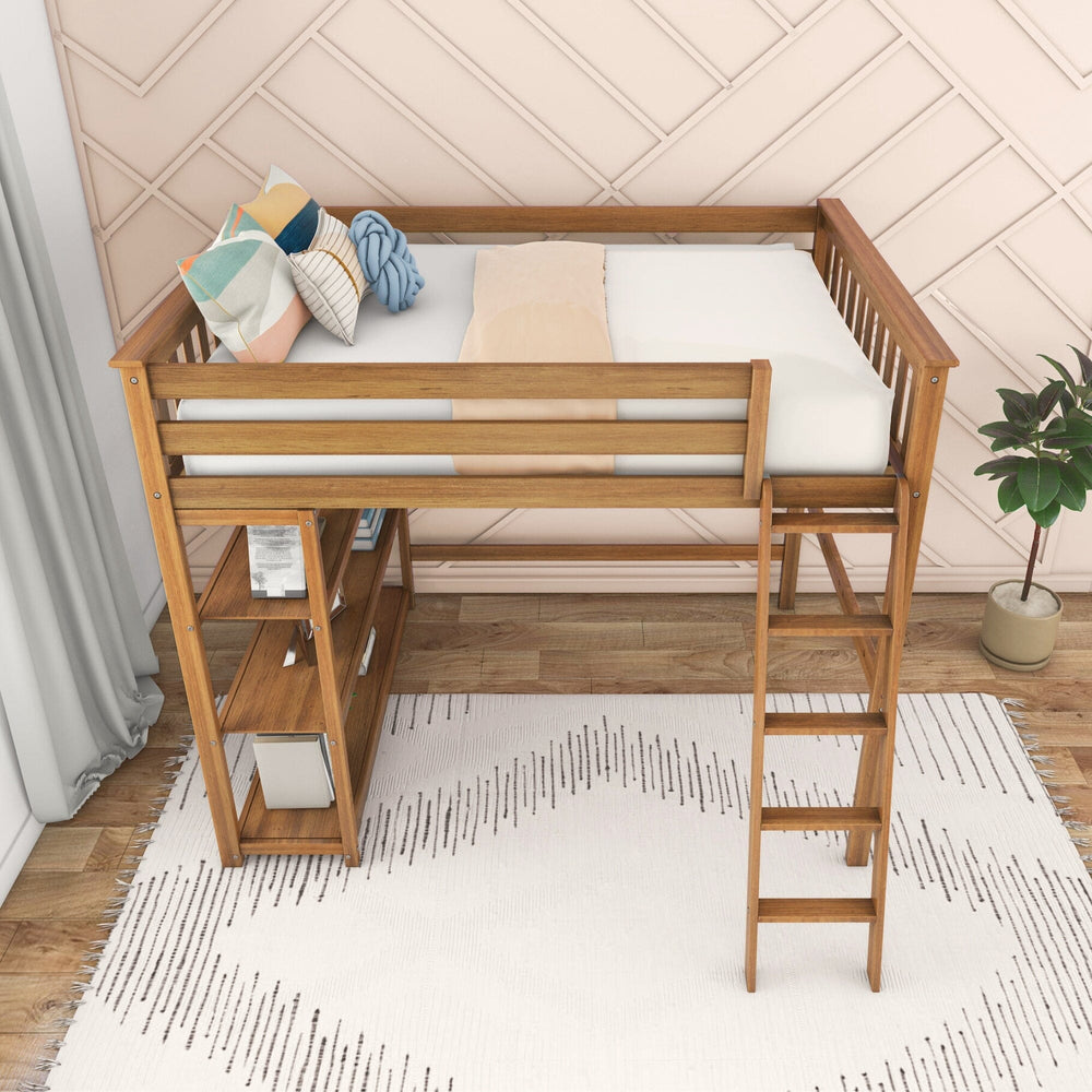 Max And Lily Full High Loft Bed With Bookcase Pecan Overhead View Max and Lily Full High Loft Bed With Bookcase in Pecan - overhead angle showing the full-size mattress surface surrounded by guardrails, with the ladder and bookcase shelves below