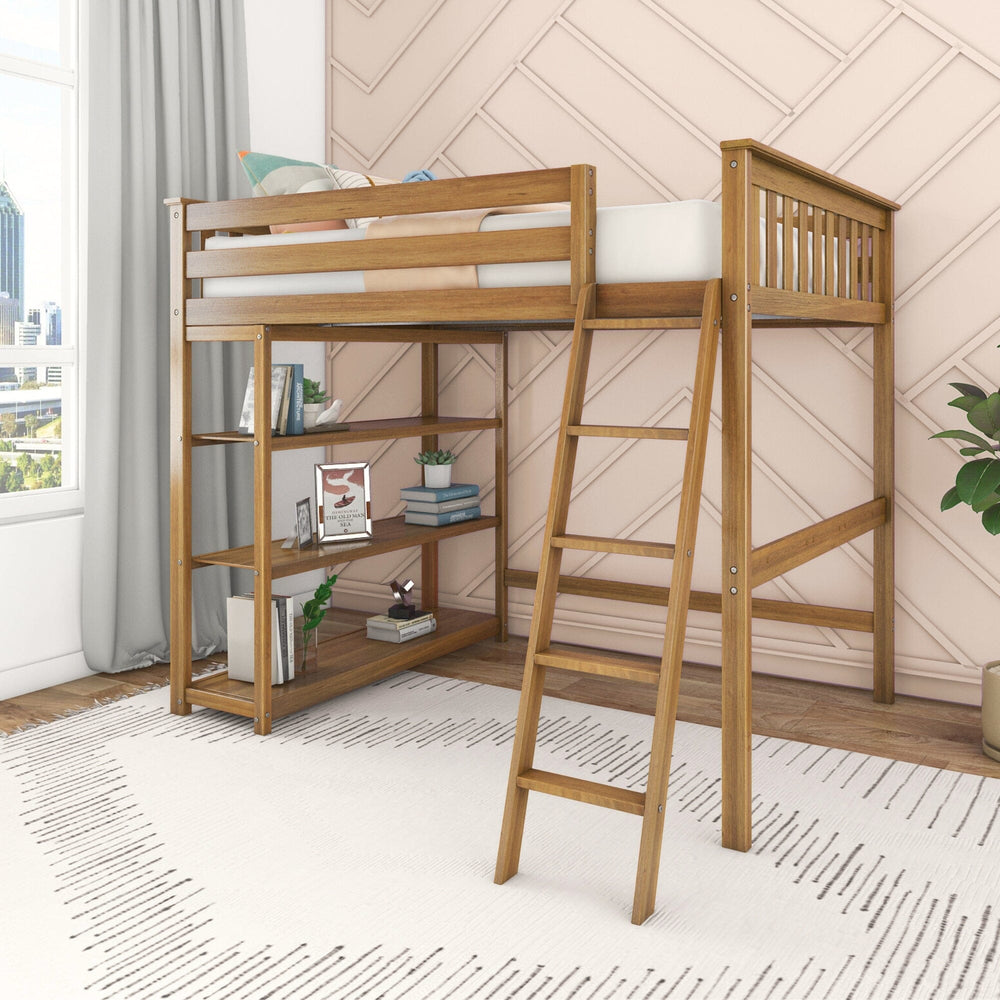 Max And Lily Full High Loft Bed With Bookcase Pecan Room Scene Max and Lily Full High Loft Bed With Bookcase in Pecan - angled view in a styled bedroom showing the high loft with safety guardrails, angled ladder, and built-in three-shelf bookcase under the bed