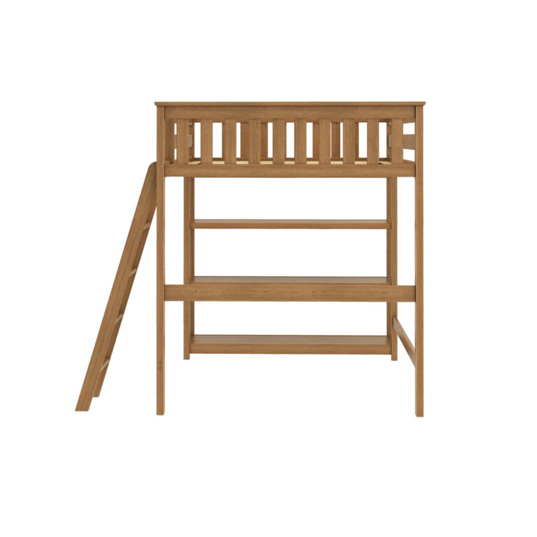 Max And Lily Full High Loft Bed With Bookcase Pecan Side View Max and Lily Full High Loft Bed With Bookcase in Pecan - side profile view of the frame showing the slatted headboard, angled ladder, and three open bookcase shelves under the loft