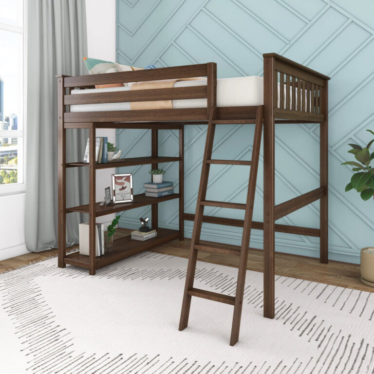 Max And Lily Full High Loft Bed With Bookcase Walnut Angle View Max and Lily Full High Loft Bed With Bookcase in Walnut - angled room view showing the high loft with safety guardrails, slanted ladder and three-shelf bookcase underneath
