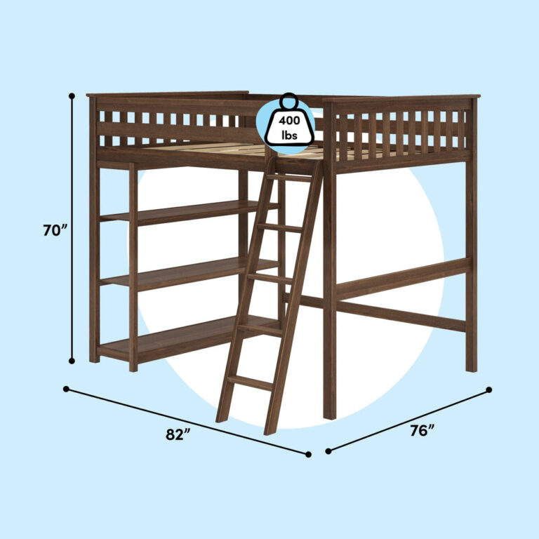 Max And Lily Full High Loft Bed With Bookcase Walnut Dimensions Diagram Max and Lily Full High Loft Bed With Bookcase in Walnut - dimensions diagram showing seventy inches high, an eighty-two by seventy-six inch footprint and a four hundred pound weight capacity