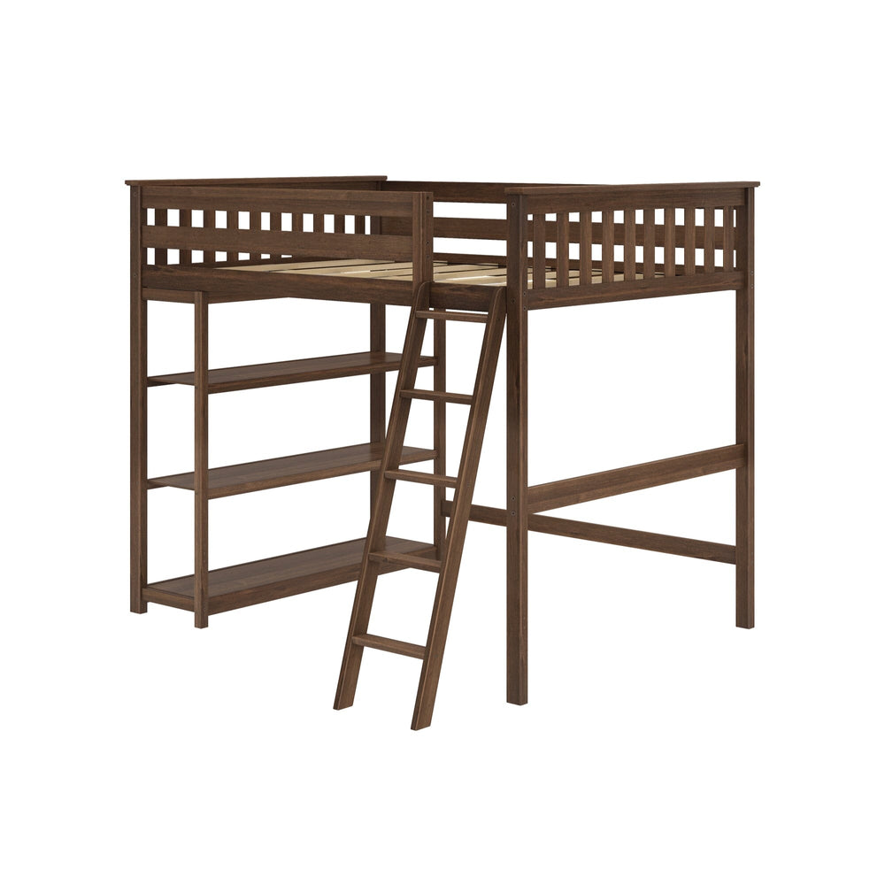 Max And Lily Full High Loft Bed With Bookcase Walnut Frame Angle View Max and Lily Full High Loft Bed With Bookcase in Walnut - bare frame on a white background showing the slat support, slatted headboards and built-in bookcase shelves