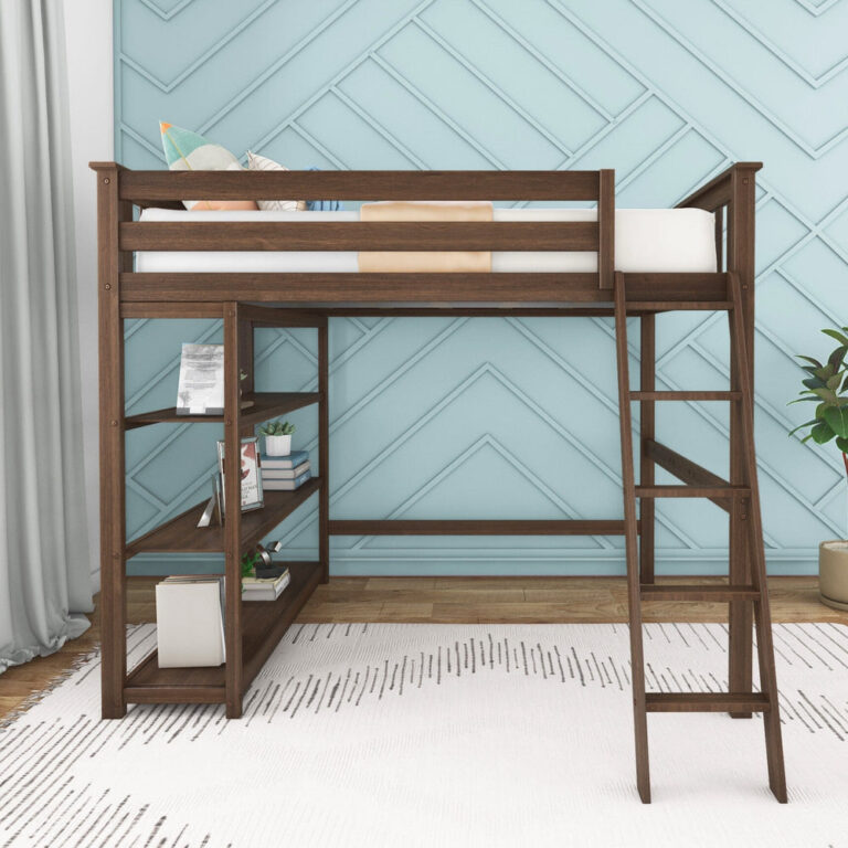Max And Lily Full High Loft Bed With Bookcase Walnut Front View Max and Lily Full High Loft Bed With Bookcase in Walnut - front view in a styled bedroom showing the full-length guardrails, side ladder and open bookcase shelving below the loft