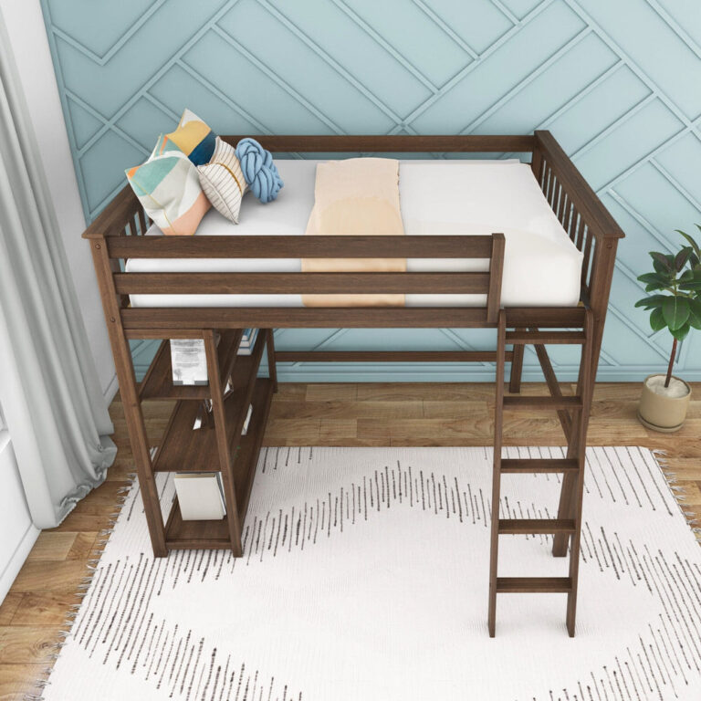 Max And Lily Full High Loft Bed With Bookcase Walnut Overhead View Max and Lily Full High Loft Bed With Bookcase in Walnut - overhead room view of the made-up full-size sleeping area with guardrails, ladder and under-bed bookcase storage