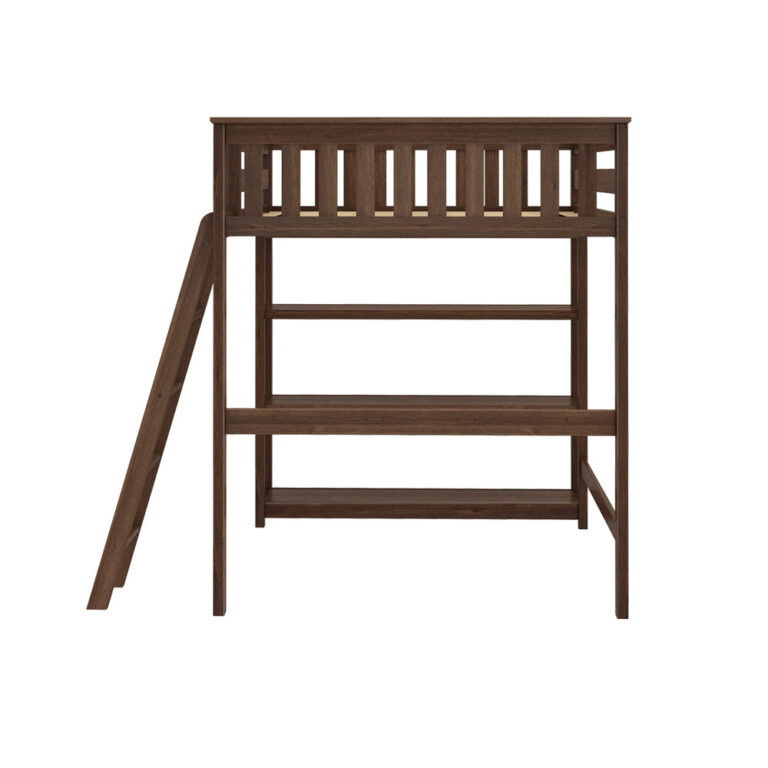 Max And Lily Full High Loft Bed With Bookcase Walnut Side View Max and Lily Full High Loft Bed With Bookcase in Walnut - side profile on a white background showing the angled ladder and three bookcase shelves under the loft