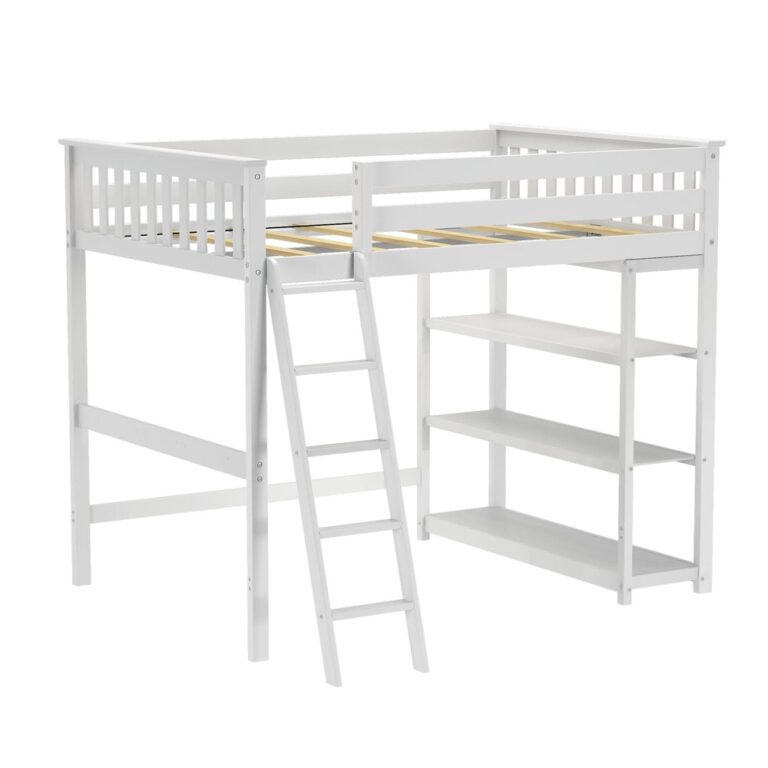 Max And Lily Full High Loft Bed With Bookcase White Angle View Max and Lily Full High Loft Bed With Bookcase in White - angled studio view showing the wood slat roll, slatted guardrails, angled ladder and three-shelf bookcase under the bed
