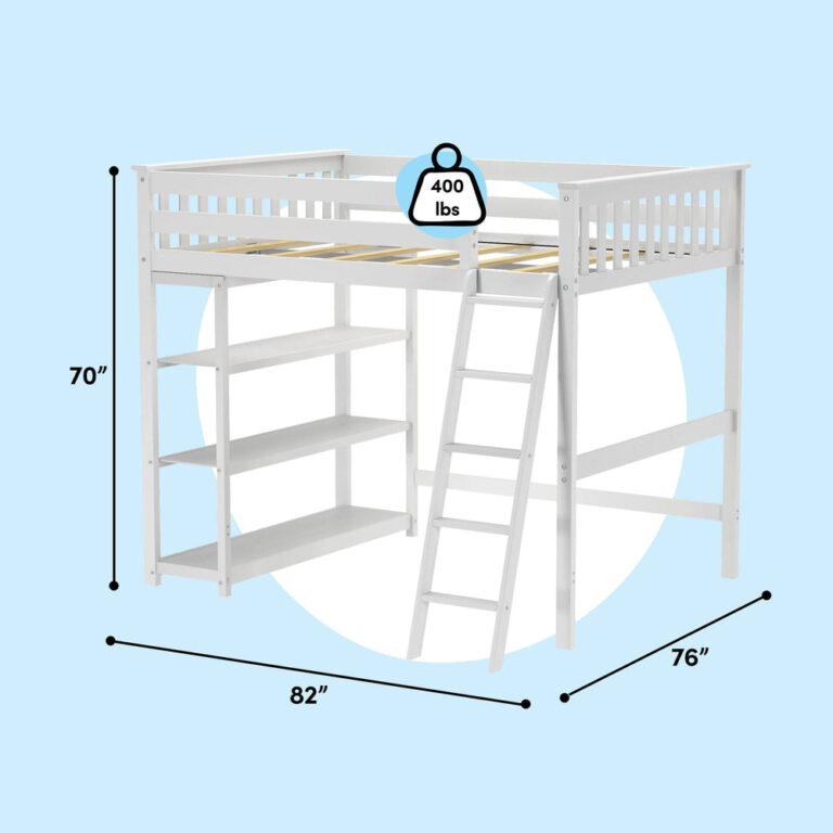 Max And Lily Full High Loft Bed With Bookcase White Dimensions Diagram Max and Lily Full High Loft Bed With Bookcase in White - dimensions diagram showing 82 inches long, 76 inches wide, 70 inches high and a 400 lb weight capacity