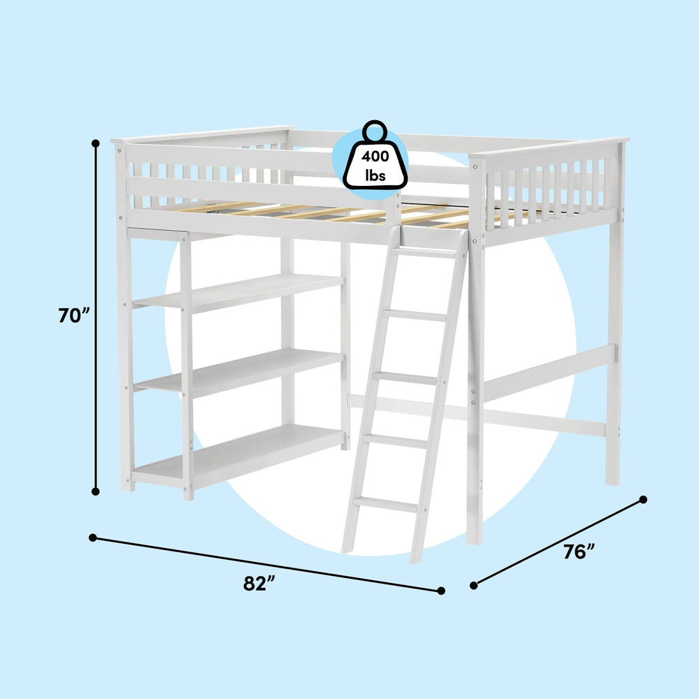 Max And Lily Full High Loft Bed With Bookcase White Dimensions Diagram Max and Lily Full High Loft Bed With Bookcase in White - dimensions diagram showing 82 inches long, 76 inches wide, 70 inches high and a 400 lb weight capacity